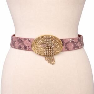 Vintage Cochni Pink Snakeskin Rhinestone Belt Gold Crystal Statement Buckle